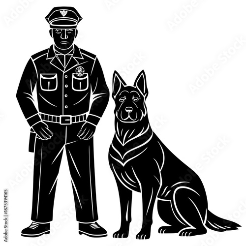 Police officer with loyal German Shepherd K9 silhouette, proud partnership and duty in iconic black and white art