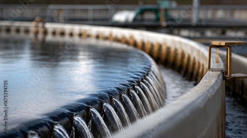 Water treatment facility with circular clarifier, showcasing smooth flow of water over edge. scene captures intricate details of weir and tranquil surface of water