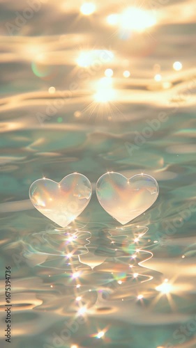 Fragile glass hearts drifting sunset's over serene water, valentine love romantic bathed in weightlessly soft, golden glow