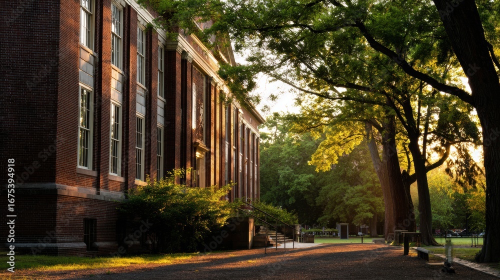 Old brick college hall illuminated by sunset rays, surrounded by lush greenery, creating serene and inviting atmosphere. warm light enhances architectural details and natural beauty Old brick college hall illuminated by sunset rays, surrounded by lush greenery, creating serene and inviting atmosphere. warm light enhances architectural details and natural beauty