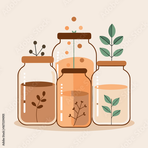 Four glass jars with plants inside, one of which has a leaf on top. The jars are arranged in a row, with the tallest one in the middle and the shortest one on the far right