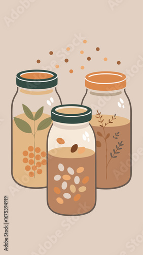 Four glass jars with plants inside, one of which has a leaf on top. The jars are arranged in a row, with the tallest one in the middle and the shortest one on the far right