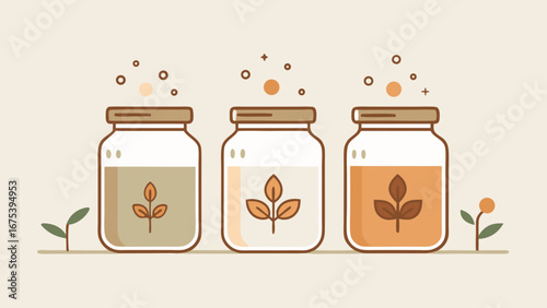 Four glass jars with plants inside, one of which has a leaf on top. The jars are arranged in a row, with the tallest one in the middle and the shortest one on the far right