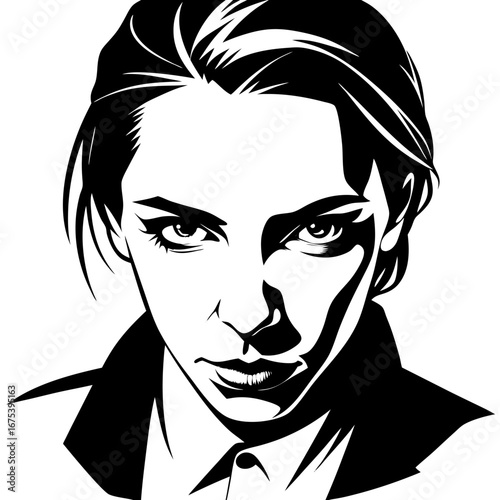 Black and White Dramatic Portrait of Strong Woman with Intense Gaze and Sculpted Bold Features
