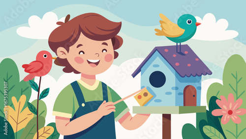 A boy is building a birdhouse. He is smiling and seems to be enjoying himself. The birdhouse is blue and has a small window. There are several birds in the background