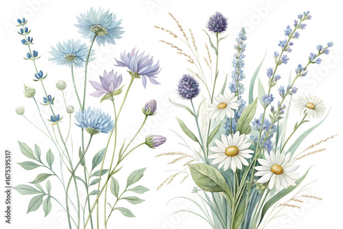 Botanical Watercolor Blue Flowers and Lavender Bouquets