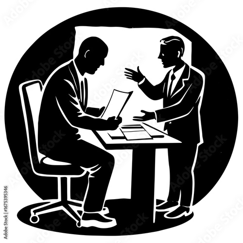 Businessmen Silhouette in Meeting with Documents and Gestures Intense Negotiation Black White Graphic Scene