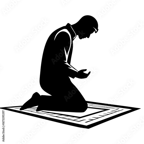 Man in Prayer Silhouette on Mat Hands Raised in Devotion Religious Black White Spiritual Illustration