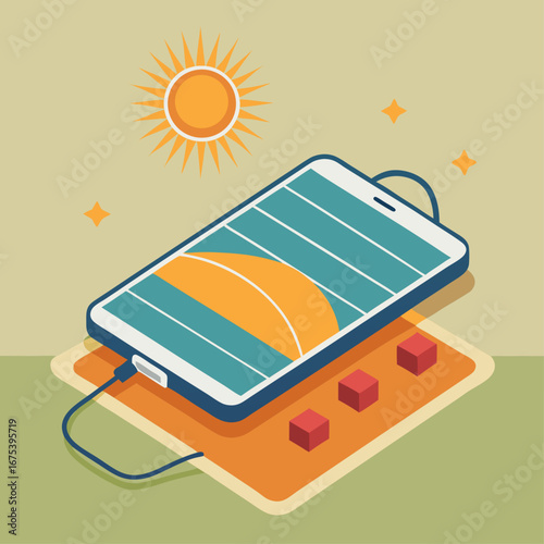 A solar panel is connected to a power source. Concept of using renewable energy to power devices