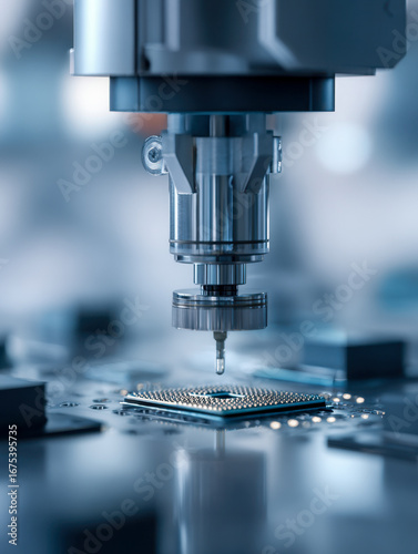 Close-up of a high-precision robotic micro-manipulator working on a computer chip in a modern semiconductor manufacturing facility
