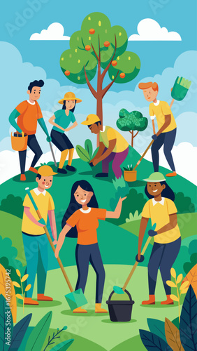 A group of people are working together to clean up a park. They are using tools such as rakes and shovels to clear the area. Concept of teamwork and community involvement in maintaining public spaces