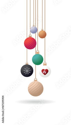Christmas ornaments hanging on strings, creating festive atmosphere