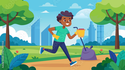 A man is running in a park with a trash bag in his hand. He is smiling and he is enjoying his run. The park is filled with trees and greenery, creating a peaceful and relaxing atmosphere