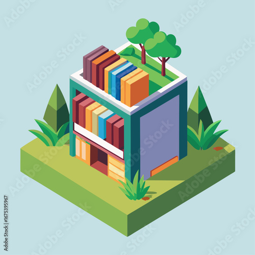 A building with a lot of books stacked on top of it. The building is surrounded by trees and grass