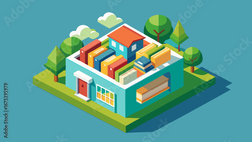 A building with a lot of books stacked on top of it. The building is surrounded by trees and grass