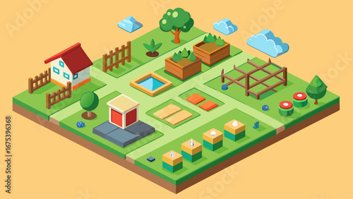 The image is a colorful cartoon drawing of a city with a house, a tree, a fence, and a playground. The house is located on the left side of the drawing, while the tree is situated in the middle