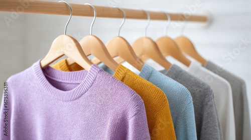 Cyber monday shopping, A row of colorful sweaters hanging on wooden hangers, showcasing a variety of soft textures and hues.