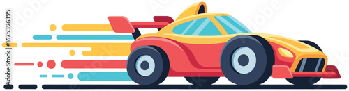 Race car vector design of a modern red and yellow sports vehicle in motion with colorful speed trails created in flat cartoon style for creative automotive artwork