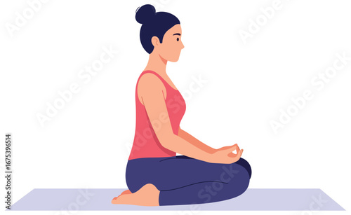 Yoga pose vector illustration of a woman sitting in meditation posture on a mat created as a clean modern artwork for mindfulness wellness and healthy lifestyle themes