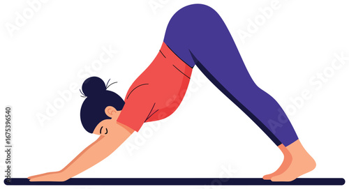 Yoga pose illustration of a woman practicing downward dog position on a mat created as a clean modern vector artwork for exercise stretching wellness and lifestyle themes
