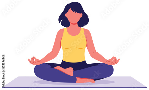 Yoga pose flat illustration of a woman sitting cross legged in lotus position on a mat created as a clean modern vector artwork for meditation relaxation and wellness themes