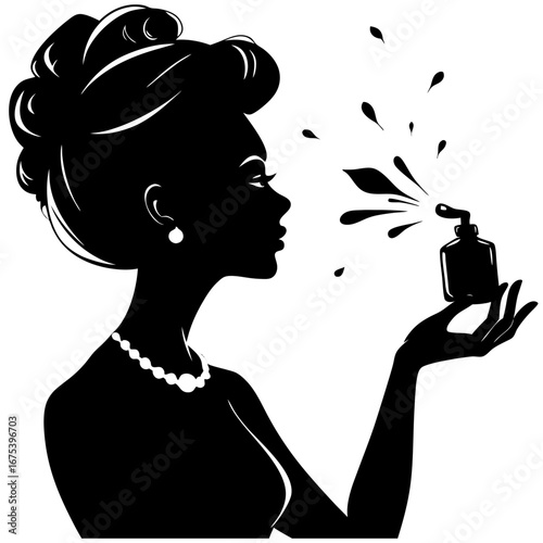 Elegant silhouette of glamorous woman in profile holding ornate perfume bottle with mist creating abstract fragrance shapes