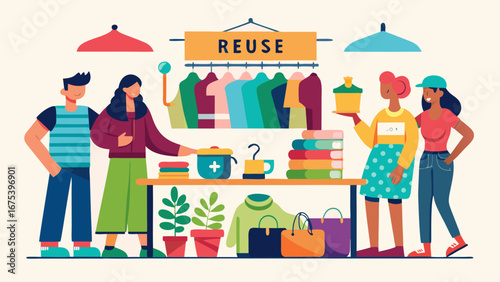 A group of people are shopping at a thrift store. The store is called Reuse. The people are browsing through the clothes and items on display