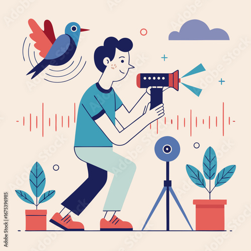 A man is holding a microphone and a bird is standing next to him. The man is recording the bird's sound