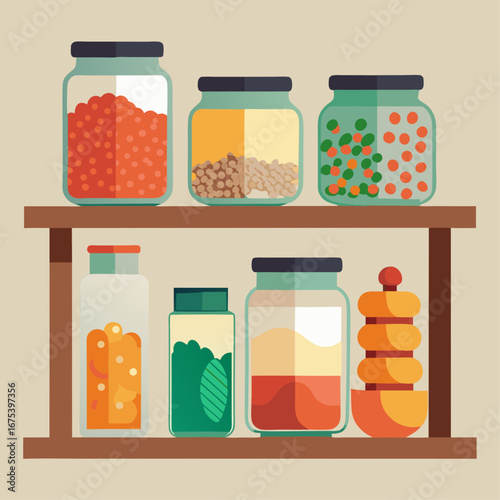 A shelf with many jars of food items, including some with lids. The jars are arranged in a way that makes it easy to see the contents. Scene is one of organization and abundance