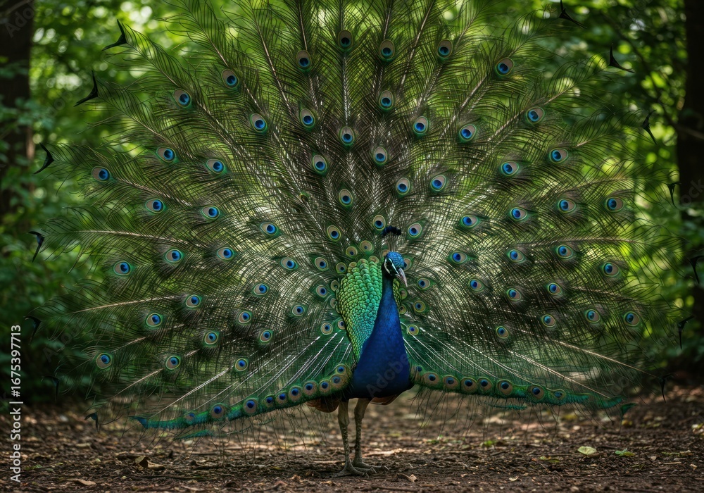 Fototapeta premium Majestic peacock showcasing its vibrant, iridescent tail feathers in a realistic natural setting, an elegant display of avian beauty and colorful plumage from the pheasant family