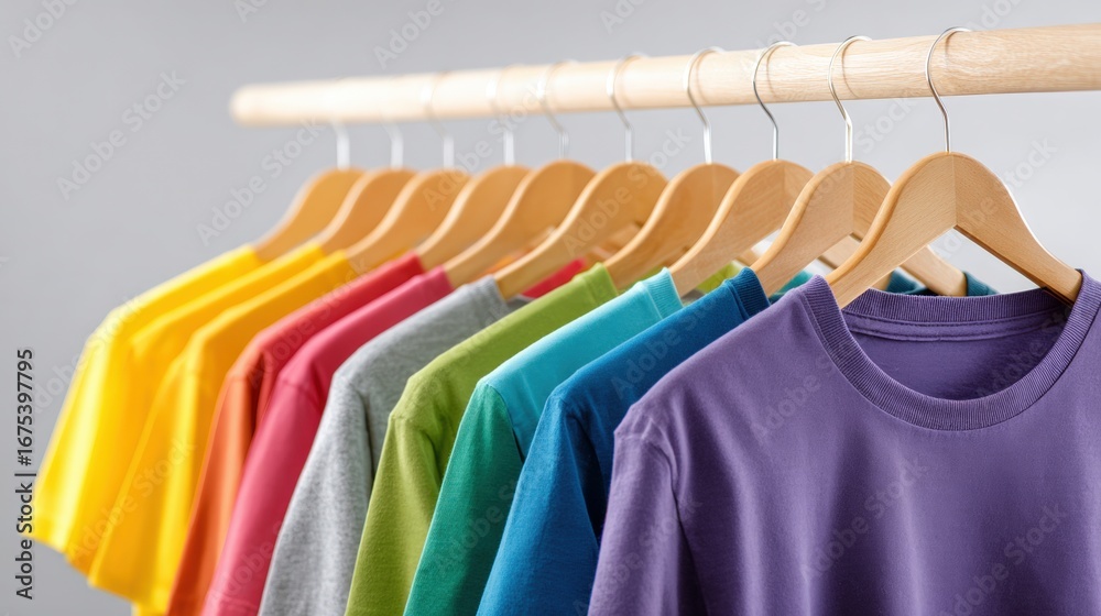 Obraz premium Cyber monday shopping, A vibrant display of colorful t-shirts hanging on wooden hangers against a neutral background, showcasing a variety of hues and styles.