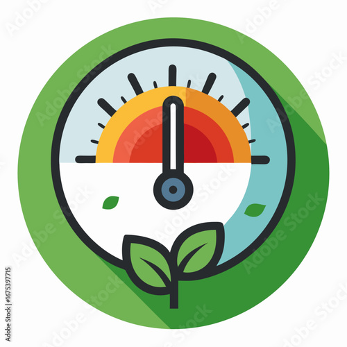 A clock with a green scale and a green background. The clock is on a table with a green plant and a green bush