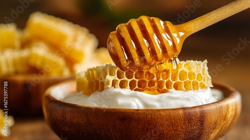 Honey drizzling over honeycomb and yogurt in wooden bowl