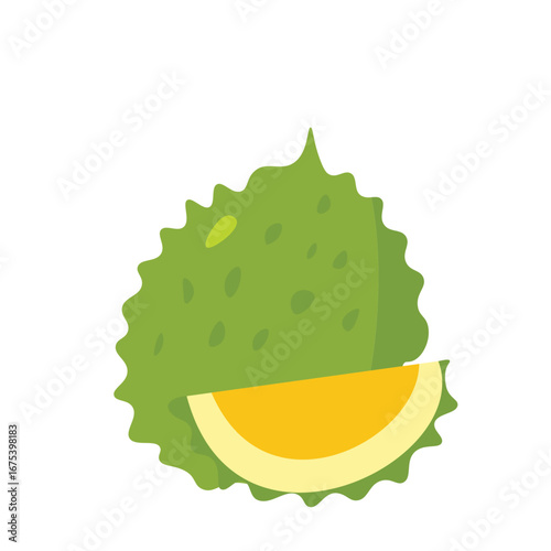 A durian fruit with spiky outer skin, sliced open to reveal the creamy yellow pulp inside.