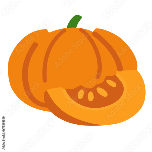 A vibrant pumpkin, cut open to reveal the orange pulp inside with visible seeds.
