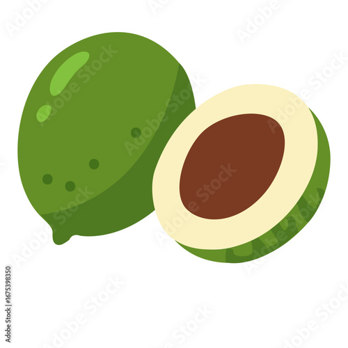 A sliced avocado revealing its creamy green flesh and brown pit, rich in healthy fats and nutrients.