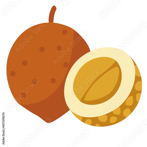 A ripe sapodilla fruit, sliced open to show the brown, grainy flesh and seeds inside.