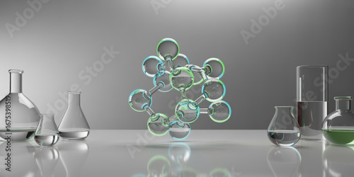 Molecule glass lab science green blue abstract floating Modern glass molecule lab, reflective