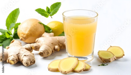 Refreshing and Healthy Ginger Lemonade Drink Served in Glass with Fresh Ginger Root and Lemons on Bright White Background
