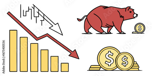 Bear market financial chart with falling arrow and bull with dollar coin vector illustration