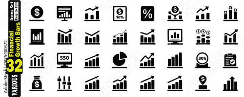 Black and white financial growth bar icons with charts and money symbols financial icons growth bars