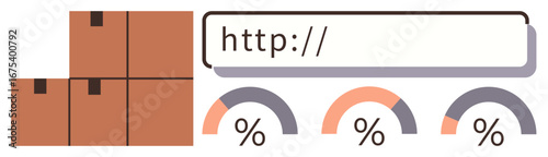 Boxes stacked beside a web URL bar and analytics data gauges. Ideal for e-commerce, logistics, analytics, efficiency, data tracking, digital commerce, business workflow. Simple flat metaphor