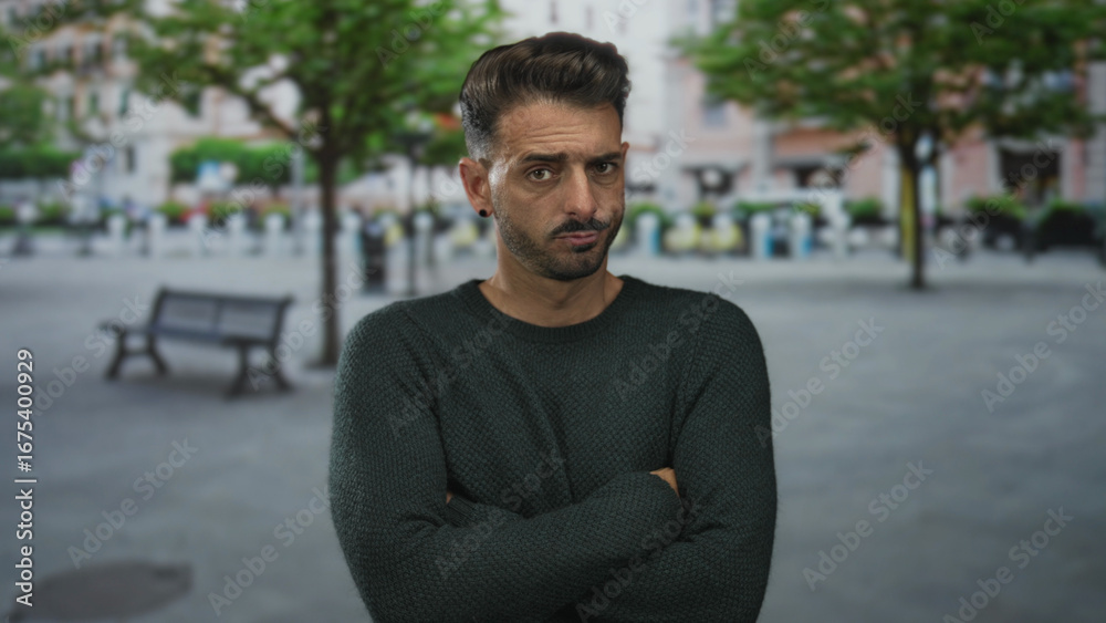Fototapeta premium Man wearing green sweater with arms crossed on a street lined with trees and skeptical expression; rejection.