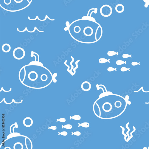 Submarine under the sea seamless pattern design for background, wallpaper, textile design, fabric, card, wrapping paper, carpet, notebook, diary cover, blanket, blanket for kids, decorative and etc.