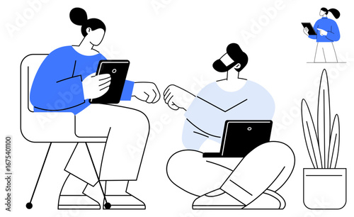 Two coworkers interacting and sharing fist bumps while using tablets and a laptop, seated near a plant. Ideal for teamwork, collaboration, connection, remote work, technology, modern communication