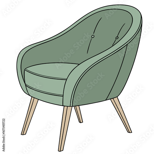 Sage Green Cartoon Chair with Wooden Legs Illustration.

