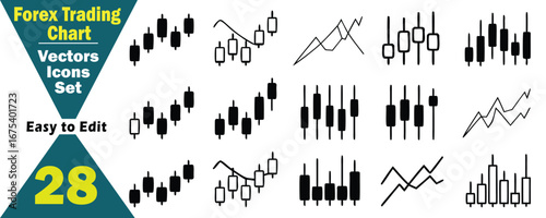 Fifteen black and white icons showcasing financial trading charts with candlestick and line graph designs