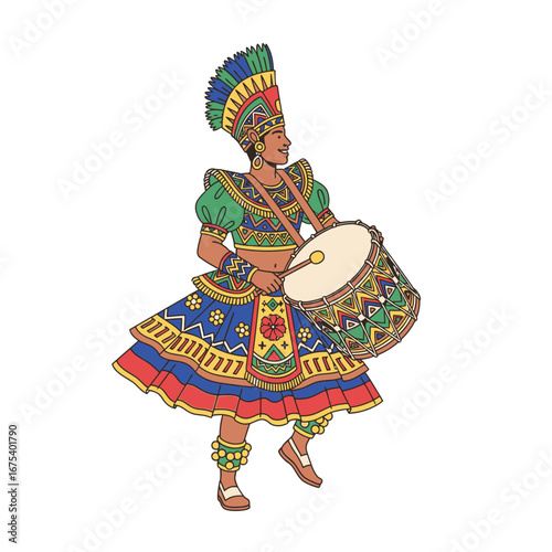Brazilian Drummer in Festive Attire, Vibrant Colors, Flat Design Illustration, Folk Art Style