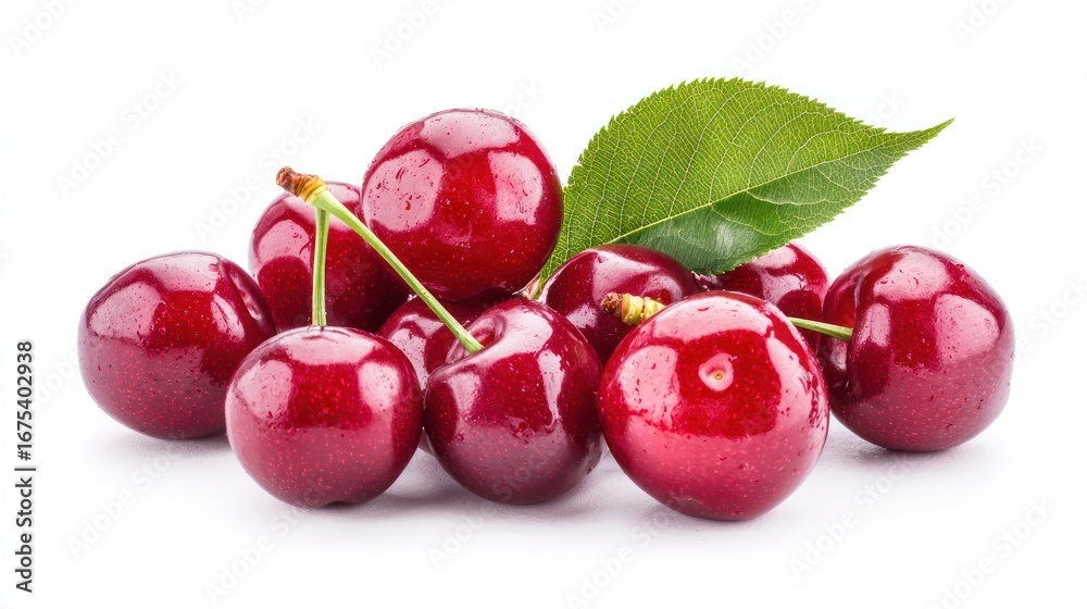 Obraz premium Sweet cherries isolated on white background closeup. Ripe berries closeup.