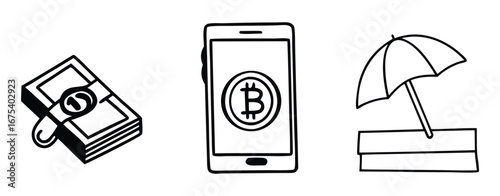 Hand Drawn Icons for Money, Bitcoin, and Protection cash banknotes
